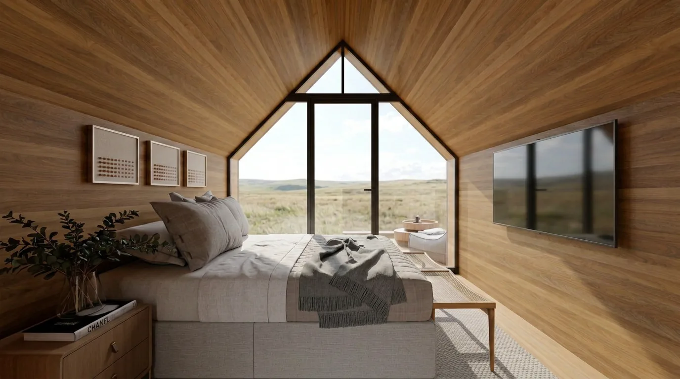 Interior de chalé modular com grande janela em empena voltada para a paisagem